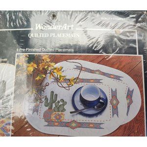 Wonder Art 4 Pre-finished Quilted Placemats Indian Cactus Southern 13x19" NOS